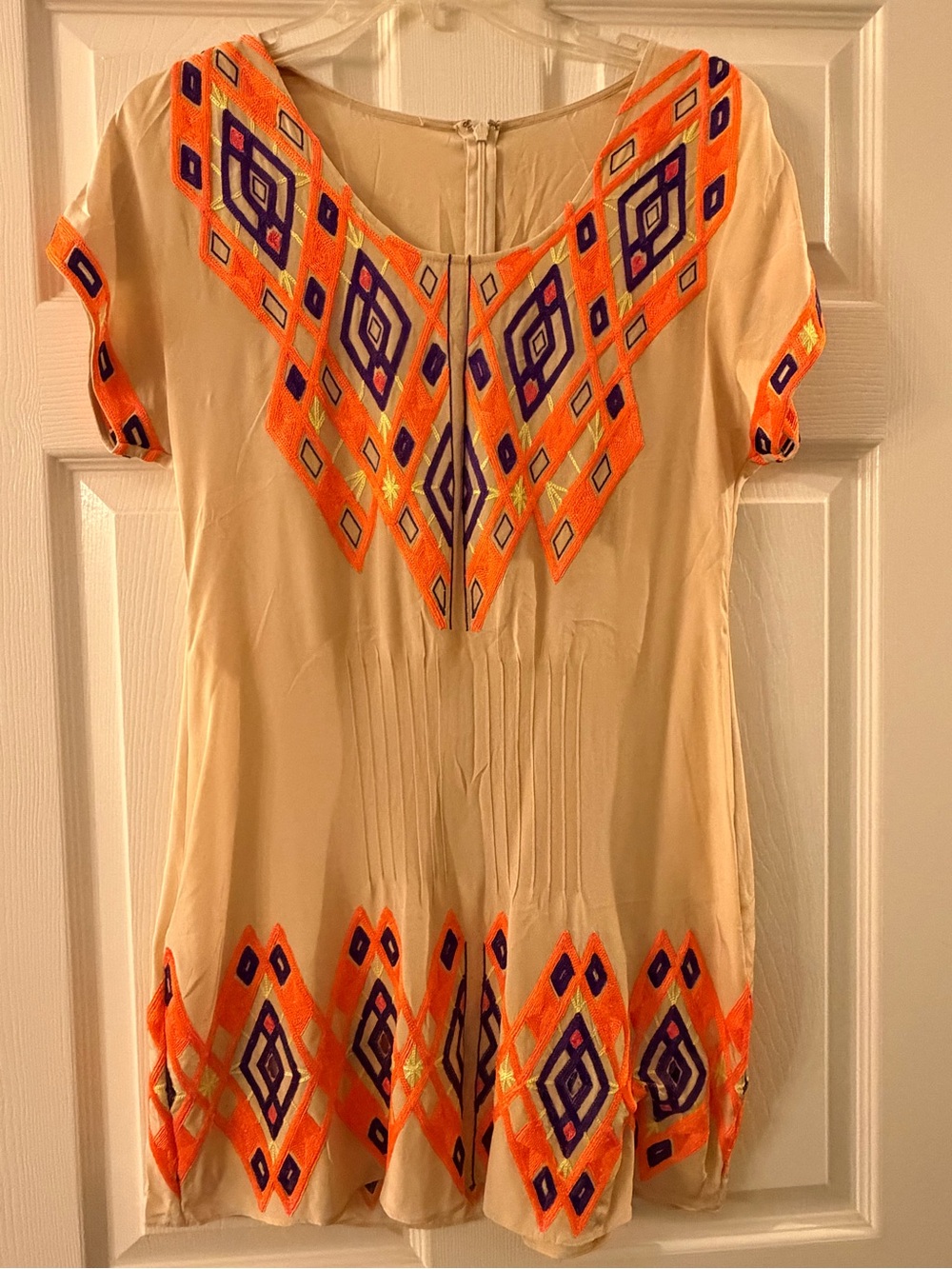 Silk and Embroidered Cream Short Sleeve Dress with Orange & Purple Accents